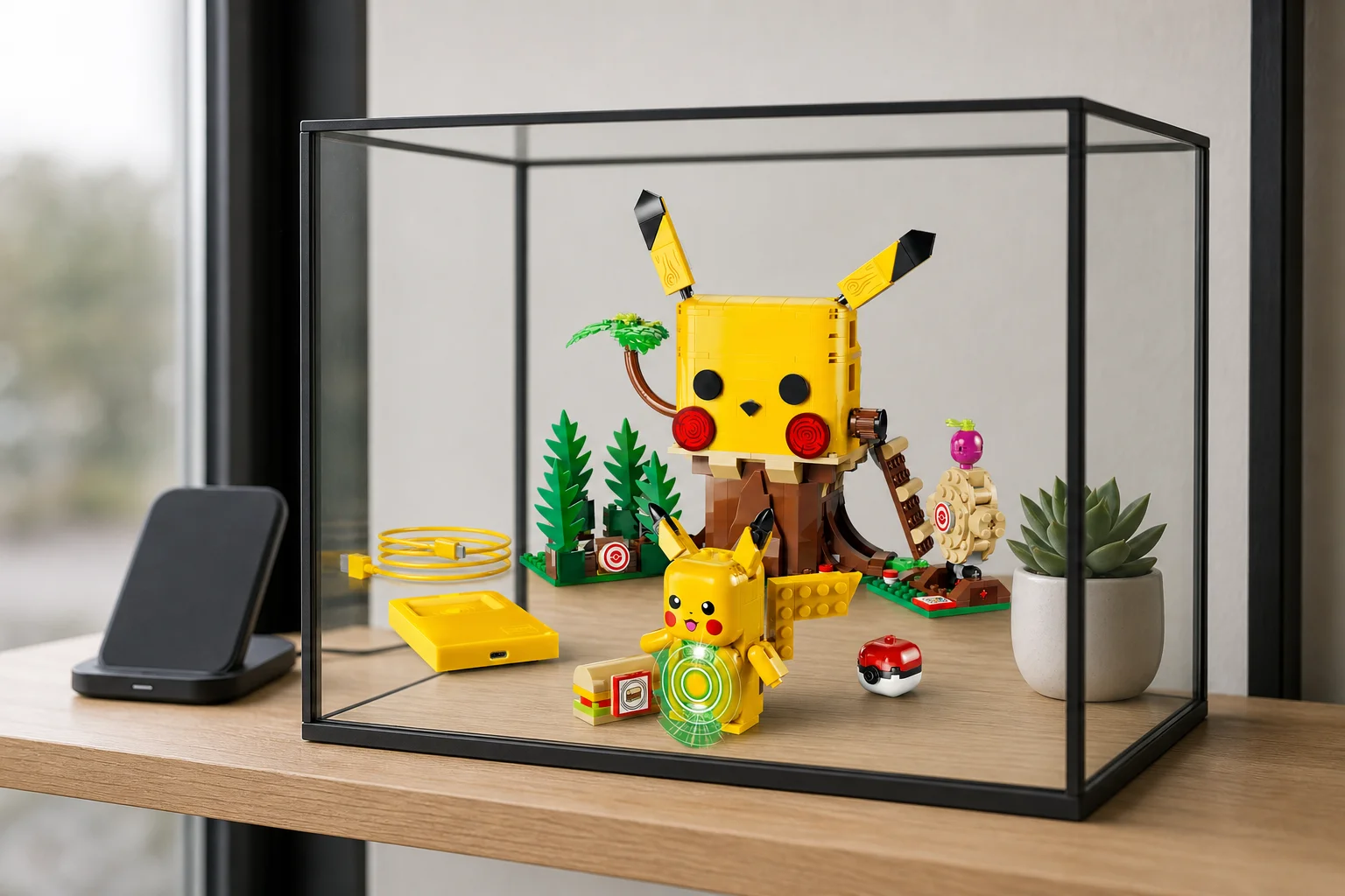 Setul LEGO Pokémon 72164 Casa de antrenament cu Pikachu expus într-o vitrină elegantă de sticlă pe o poliță de stejar, într-o lumină naturală difuză.