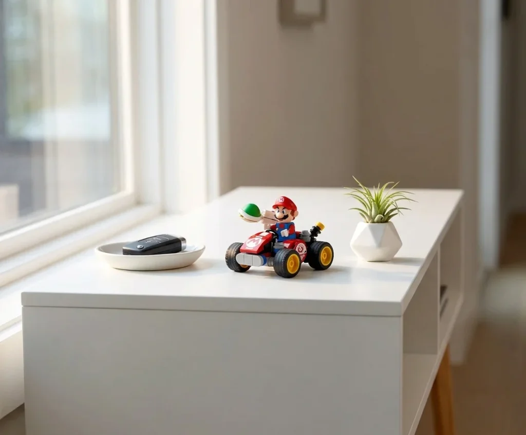 Setul LEGO Super Mario 72054 Curse cu Mario este expus pe o consolă albă din hol, sub o lumină naturală de dimineață, alături de o cheie de mașină și o mică plantă decorativă.