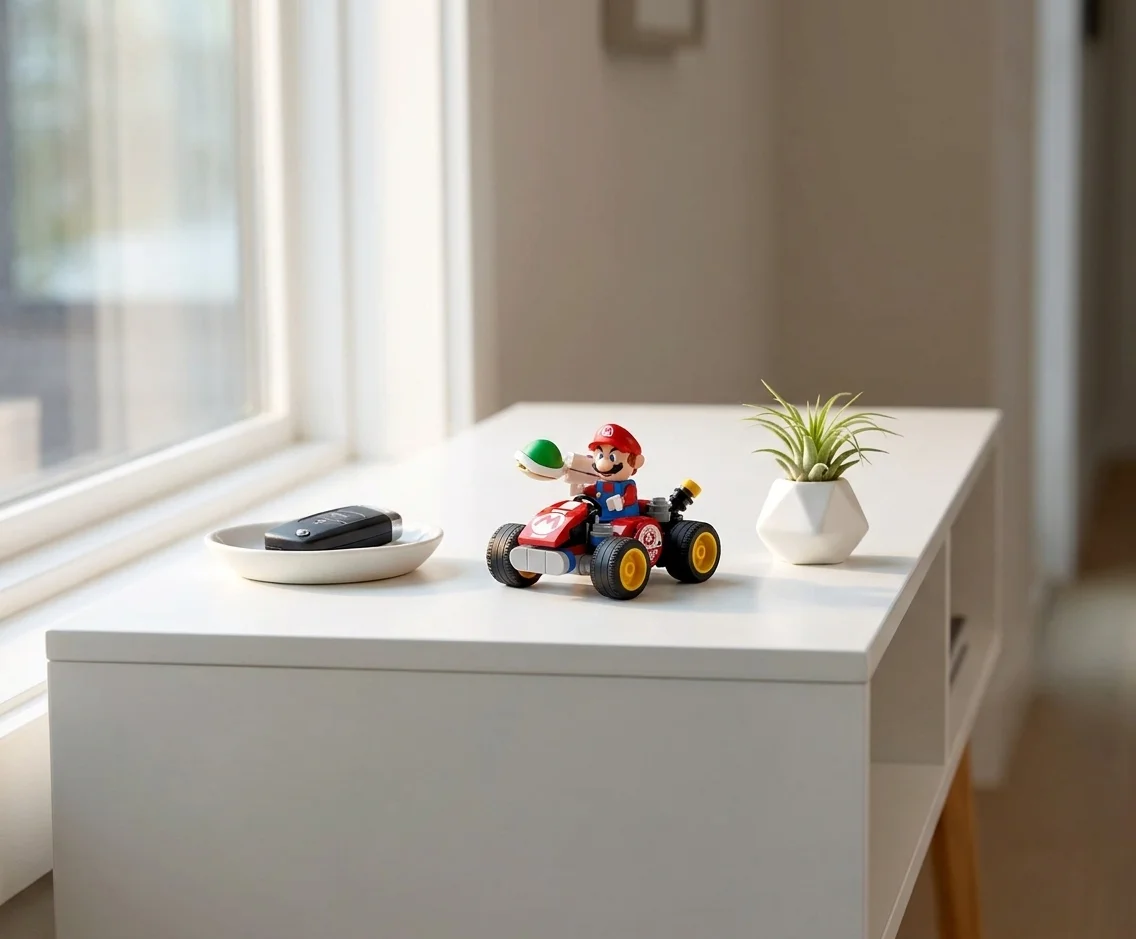 Setul LEGO Super Mario 72054 Curse cu Mario este expus pe o consolă albă din hol, sub o lumină naturală de dimineață, alături de o cheie de mașină și o mică plantă decorativă.