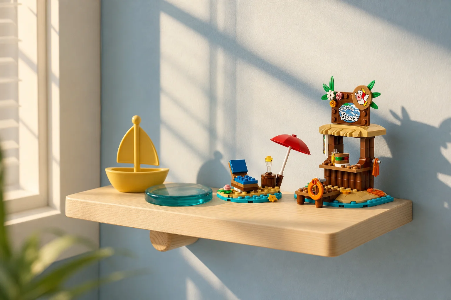 Setul LEGO Super Mario 72055 Aventurile lui Mario pe plajă este expus pe un raft flotant din lemn de pin, sub lumina caldă a apusului, lângă o mică barcă decorativă galbenă.