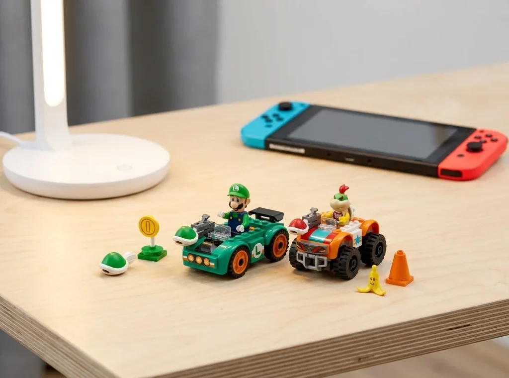 Setul LEGO Super Mario 72056 cu karturile lui Luigi și Bowser Jr. așezate pe un birou din lemn de mesteacăn, sub lumina caldă a unei lămpi de studiu.