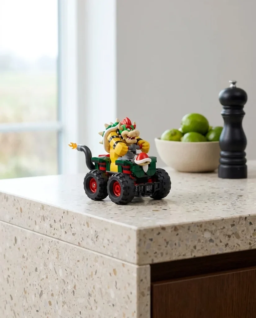 Setul LEGO Super Mario 72058 Cursa zgomotoasă a lui Bowser așezat pe o insulă de bucătărie din terrazzo bej deschis, sub o lumină naturală difuză.