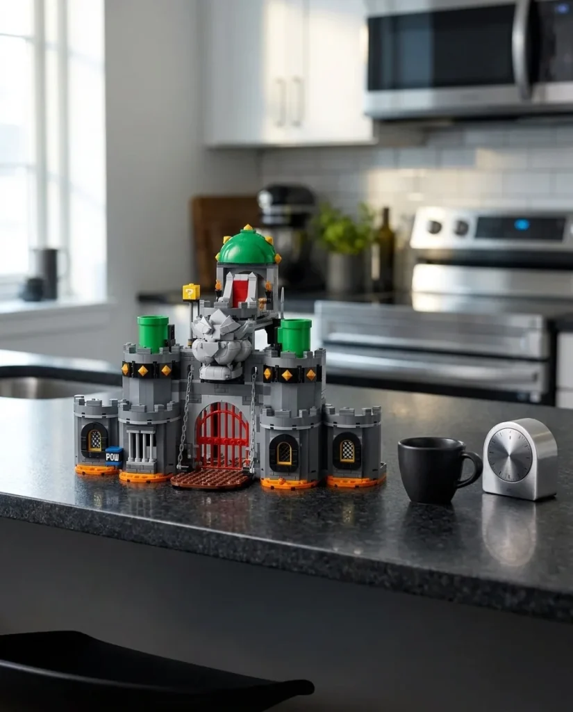 Setul LEGO Super Mario 72060 Castelul lui Bowser este expus pe un blat de bucatarie din granit gri inchis, luminat de o lumina rece de dimineata, avand alaturi o ceasca de cafea.