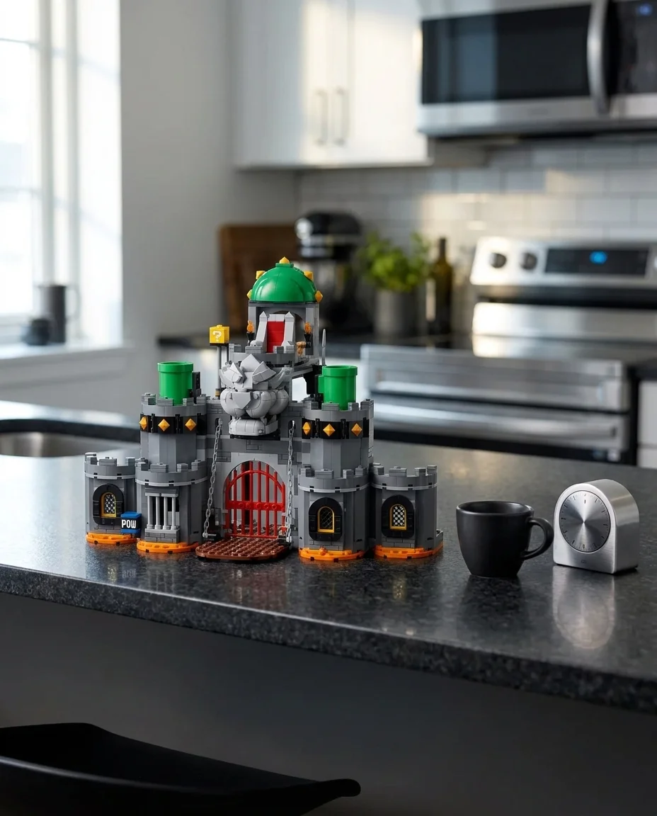Setul LEGO Super Mario 72060 Castelul lui Bowser este expus pe un blat de bucatarie din granit gri inchis, luminat de o lumina rece de dimineata, avand alaturi o ceasca de cafea.