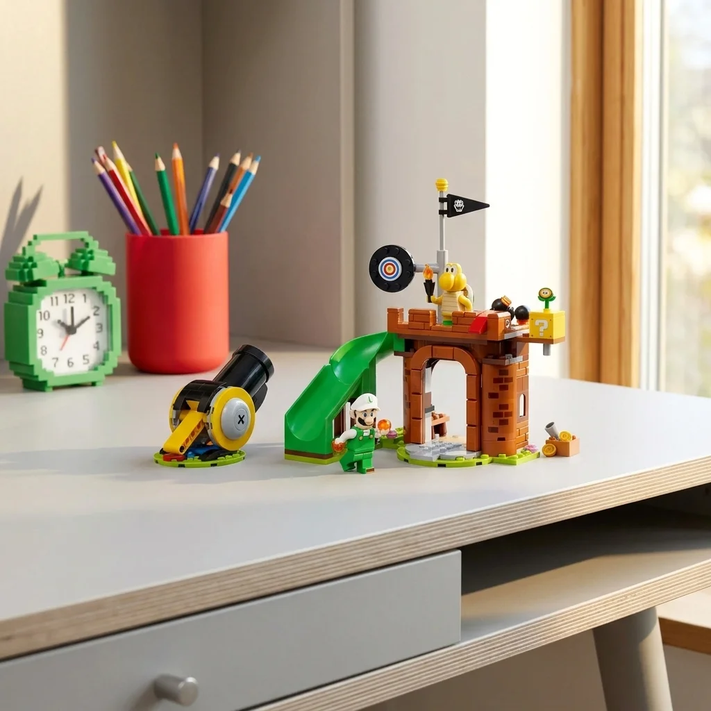 Setul LEGO Super Mario 72061 Bătălia dintre Fire Luigi și Koopa Troopa expus pe un birou de studiu gri-deschis în lumina naturală a dimineții, alături de un suport de creioane roșu.
