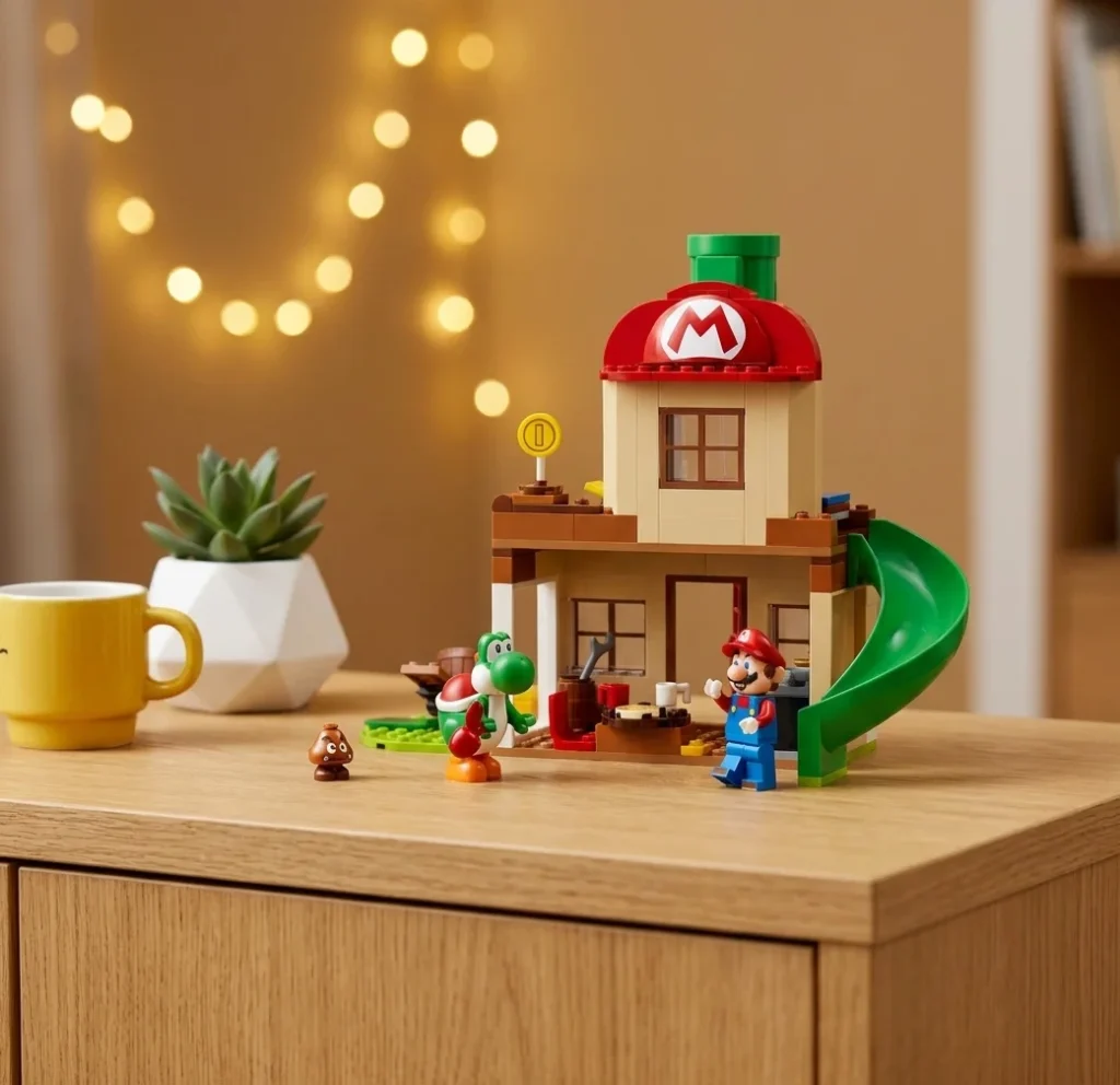 Setul LEGO Super Mario Yoshi la casa lui Mario este așezat pe o consolă din lemn de stejar pe hol, luminat de ghirlande luminoase calde, alături de o cană galbenă și o plantă suculentă.