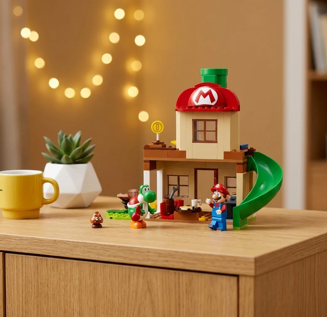 Setul LEGO Super Mario Yoshi la casa lui Mario este așezat pe o consolă din lemn de stejar pe hol, luminat de ghirlande luminoase calde, alături de o cană galbenă și o plantă suculentă.