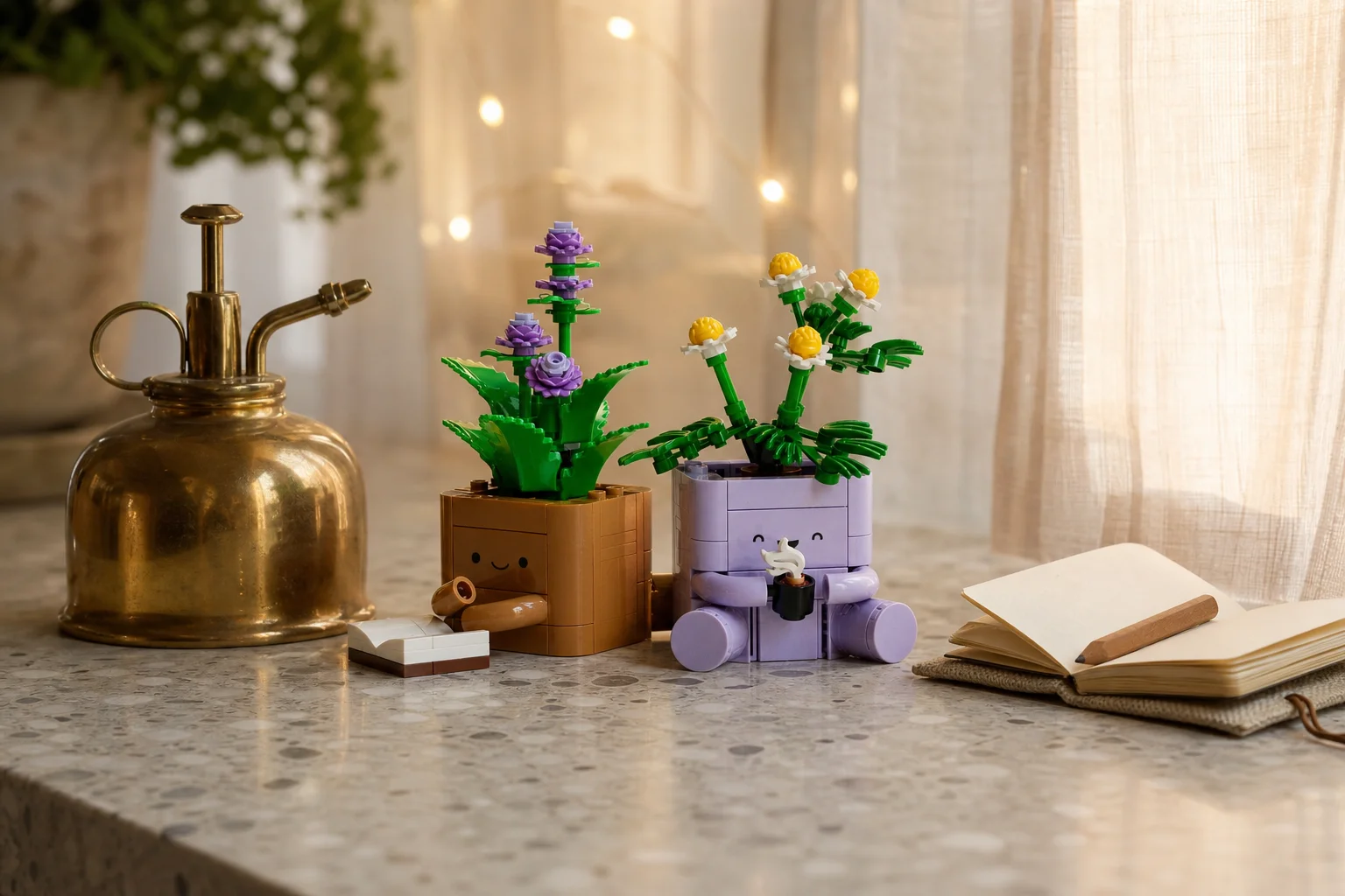Setul LEGO 10371 Plante confortabile așezat pe un glaf de terrazzo, flancat de un pulverizator de alamă și un carnețel deschis, sub o lumină caldă de după-amiază.