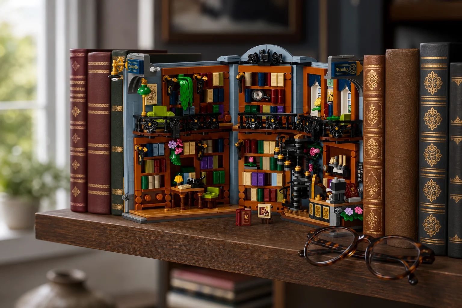 O dioramă LEGO 11379 Bookshop Book Nook așezată elegant pe un raft plutitor din lemn de stejar, între cărți cartonate, sub o lumină naturală difuză.