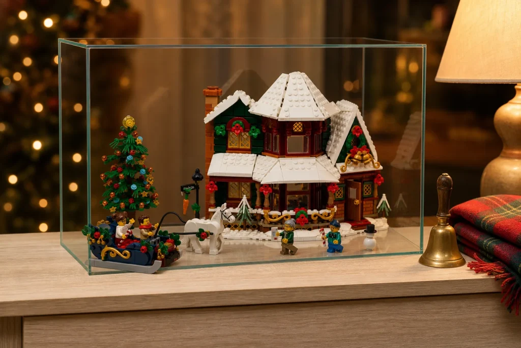 Setul LEGO Icons 11387 Casa de sărbători este expus elegant într-o vitrină de sticlă pe o masă din lemn de pin, sub lumina caldă a unei lămpi de seară, alături de un clopoțel de alamă și un fular cadrilat.