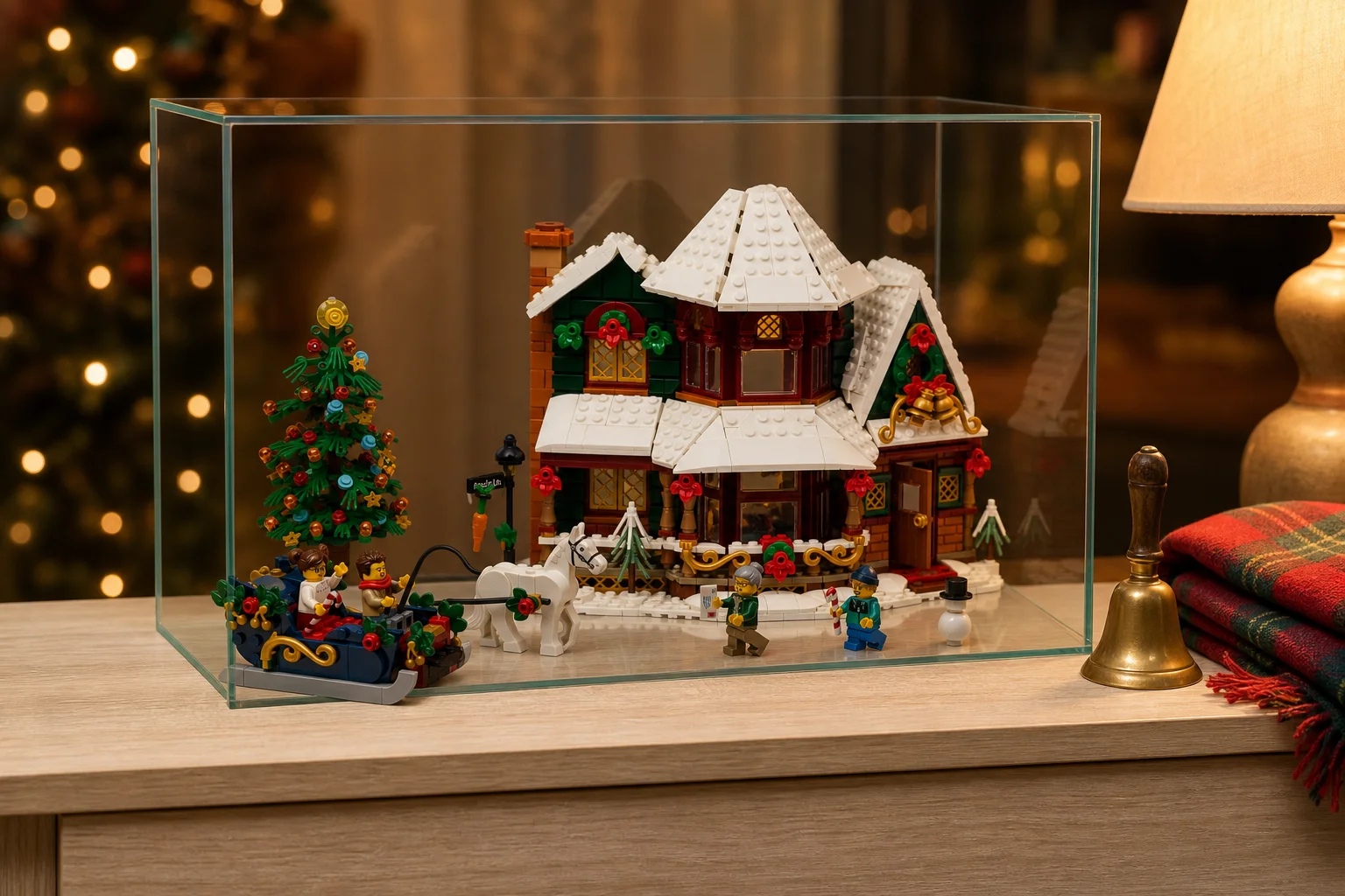 Setul LEGO Icons 11387 Casa de sărbători este expus elegant într-o vitrină de sticlă pe o masă din lemn de pin, sub lumina caldă a unei lămpi de seară, alături de un clopoțel de alamă și un fular cadrilat.