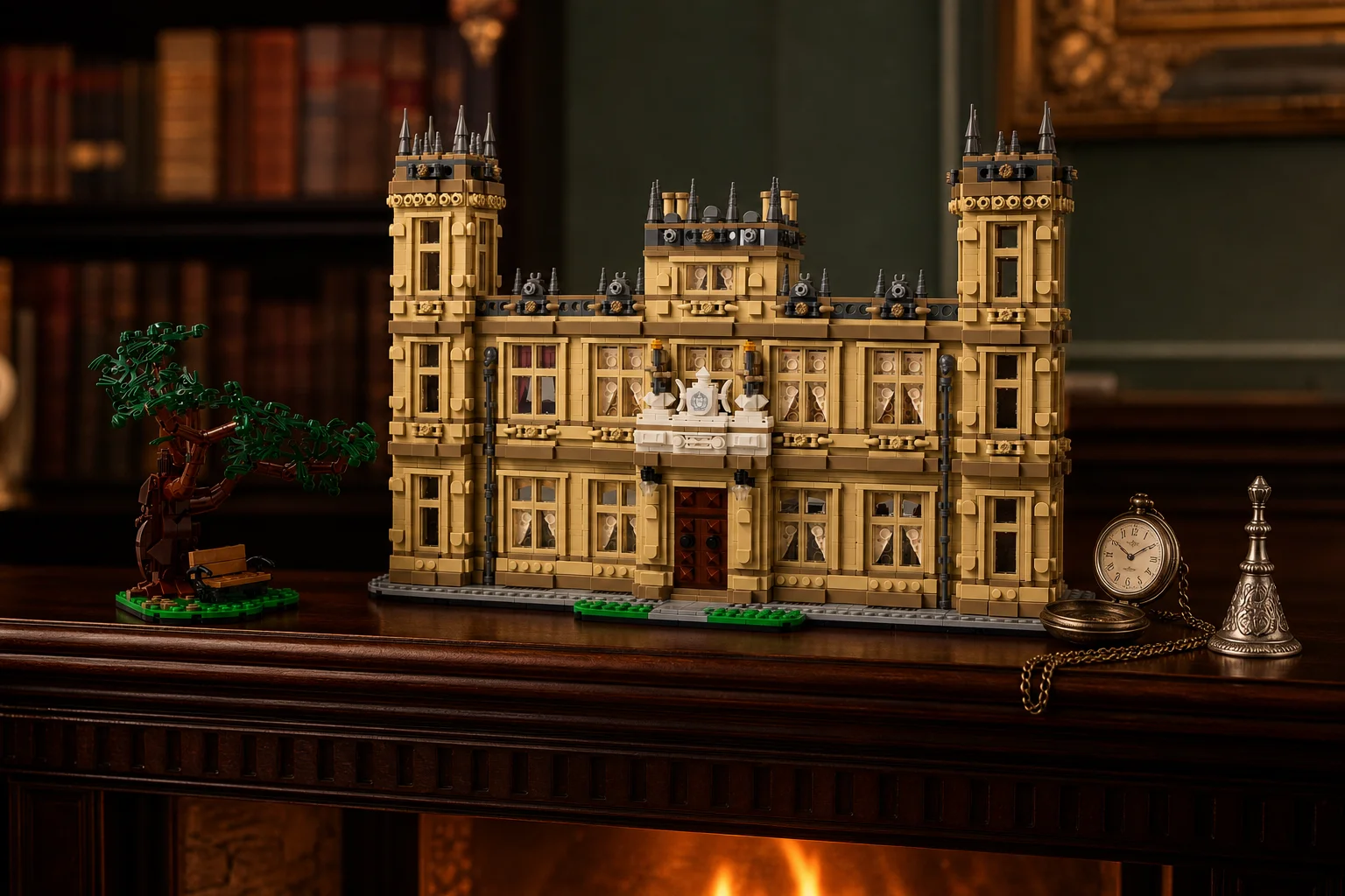 Macheta masivă LEGO Downton Abbey 21373 expusă pe o etajeră de șemineu din lemn de mahon, luminată cald de flăcările din șemineu, alături de un ceas de buzunar vintage din alamă.