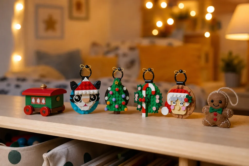 Setul LEGO 40862 Selecție de ornamente de sărbători 2 așezat pe un raft de lemn din camera copiilor, decorat cu jucării festive de dimensiuni mici și luminițe calde de Crăciun în fundal.