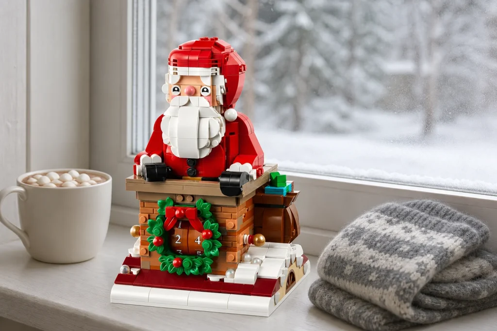 Setul LEGO 40874 Numărătoarea inversă a lui Moș Crăciun pe un glaf alb de fereastră, lângă o cană de ciocolată caldă și șosete de lână, sub o lumină neutră de studio.