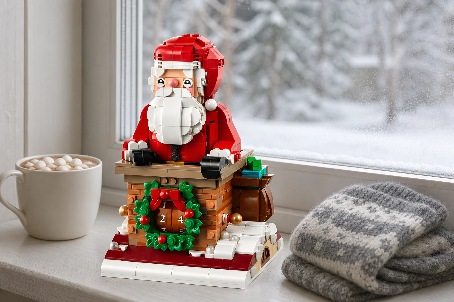 Setul LEGO 40874 Numărătoarea inversă a lui Moș Crăciun pe un glaf alb de fereastră, lângă o cană de ciocolată caldă și șosete de lână, sub o lumină neutră de studio.