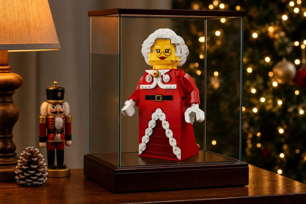 Minifigurina LEGO Doamna Crăciun la scară mare expusă într-o vitrină de sticlă pe o comodă din lemn, alături de un spărgător de nuci decorativ, într-un decor călduros de sărbători.