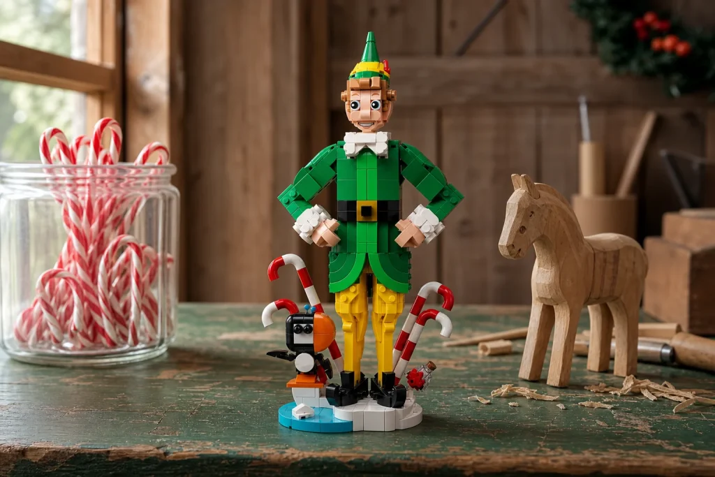 Setul LEGO 40865 Buddy the Elf este așezat pe un banc de lucru din lemn verde rustic, luminat de lumina naturală difuză a unei zile de iarnă, alături de o jucărie de lemn nefinisată și un borcan cu acadele.