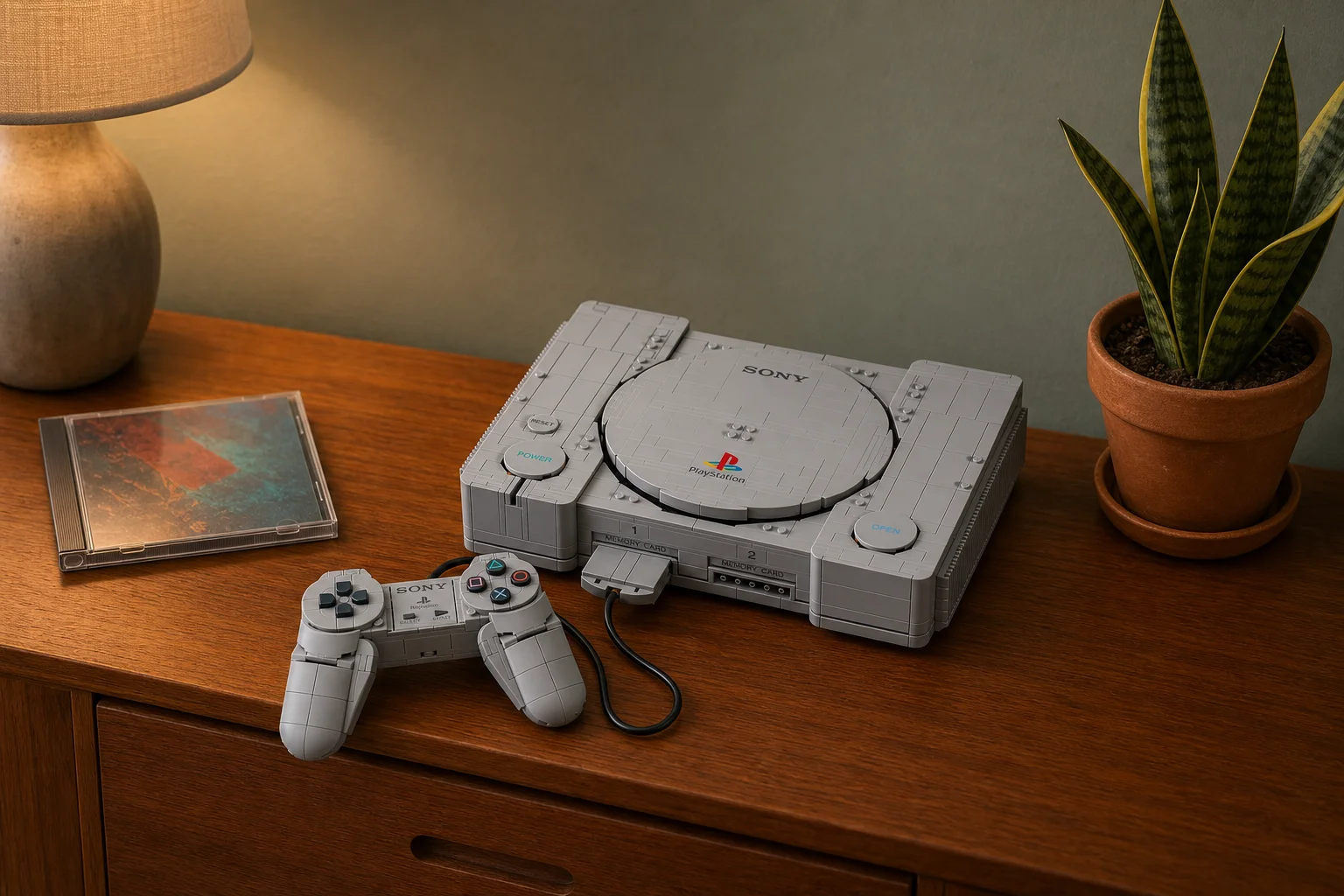 Setul LEGO PlayStation 72306 este expus pe o măsuță de hol din lemn de tec, sub lumina caldă de seară a unei lămpi, alături de o carcasă de CD retro și o mică plantă de apartament.