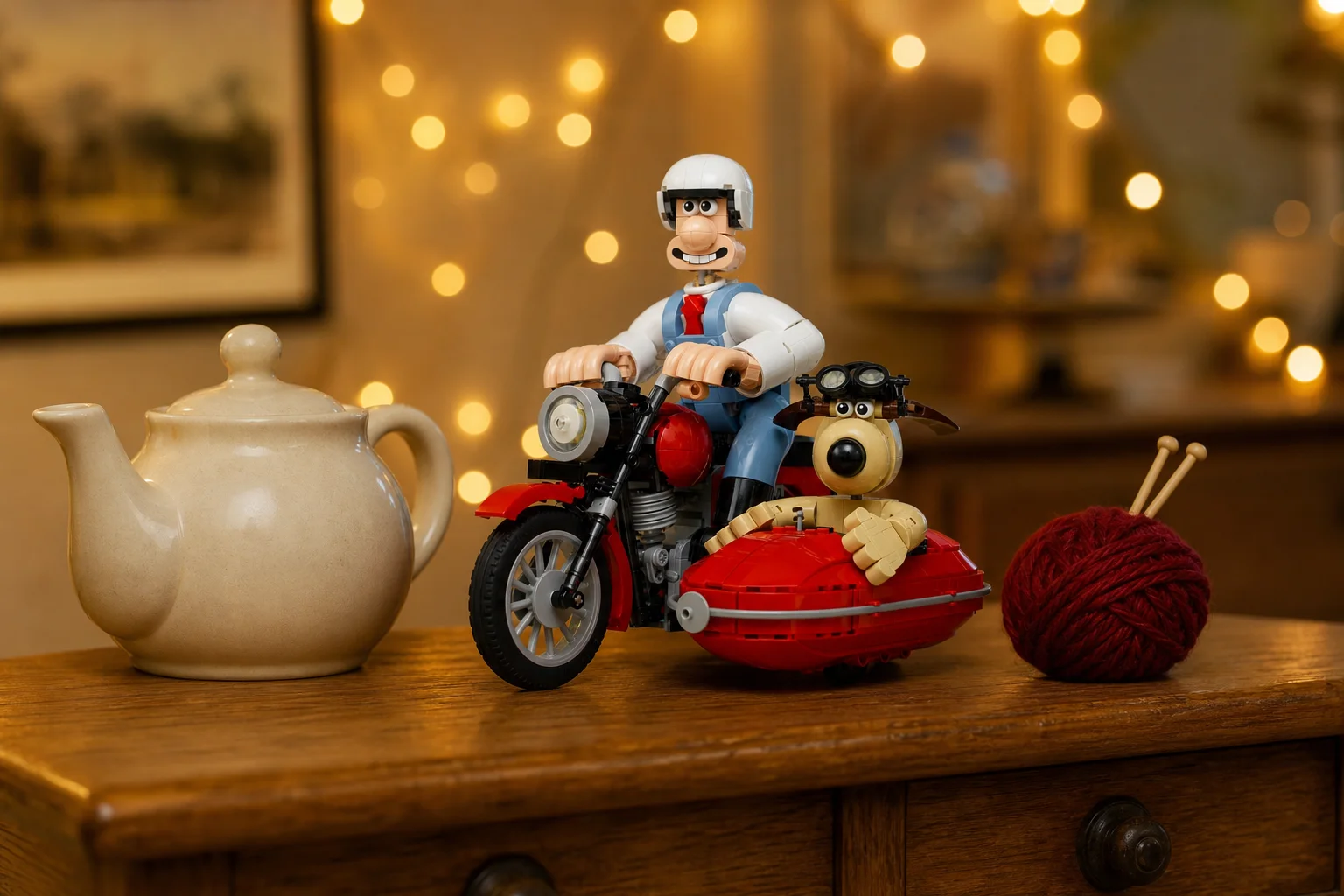 Setul LEGO Ideas 21371 Wallace & Gromit expus pe o comodă din stejar, alături de un ceainic clasic și un ghem de lână, într-o atmosferă caldă cu ghirlande luminoase în fundal.